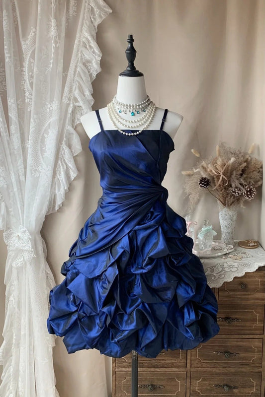Navy Blue Cocktail Dress A-Line Spaghetti Straps Homecoming Dress Satin Short Prom Dress ED07597