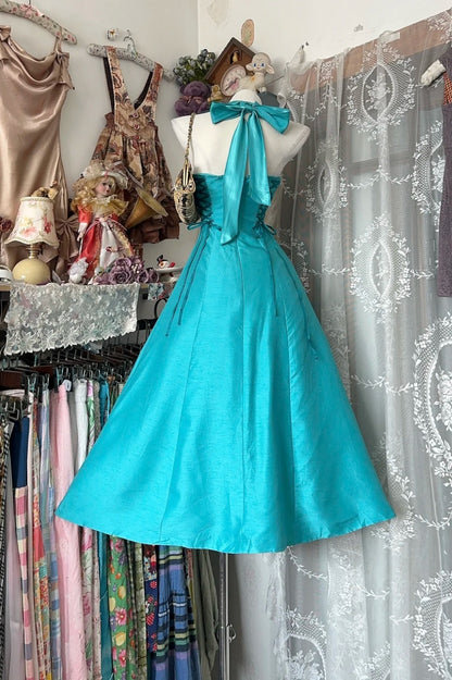 Robe de Bal Courte Bleue Dos-Nu Satinée Coupe Évasée Robe de Soirée Longue ED07598