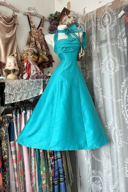 Blue Short Prom Dress Halter A-Line Satin Long Evening Dress ED07598