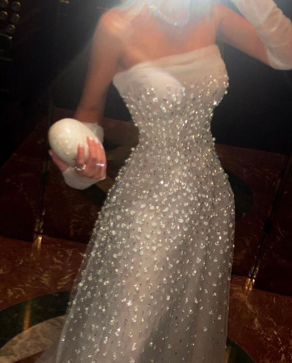 Tulle Beaded Wedding Dress Strapless White Bridal Dress A-Line Sleeveless Bridal Gown ED07599
