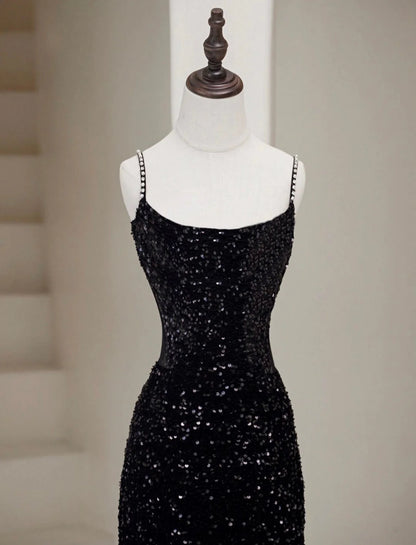 Schlichtes Meerjungfrau Samt Pailletten Schwarzes Langes Ballkleid, Schwarzes Langes Abendkleid ED076