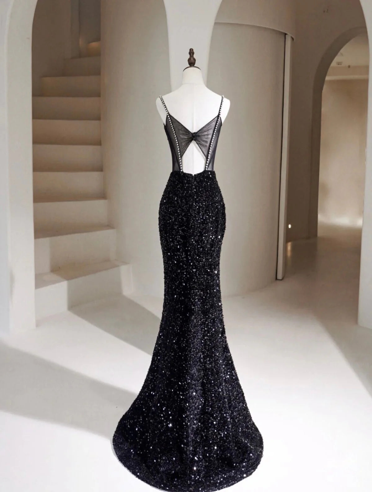 Schlichtes Meerjungfrau Samt Pailletten Schwarzes Langes Ballkleid, Schwarzes Langes Abendkleid ED076