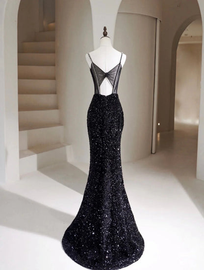 Schlichtes Meerjungfrau Samt Pailletten Schwarzes Langes Ballkleid, Schwarzes Langes Abendkleid ED076