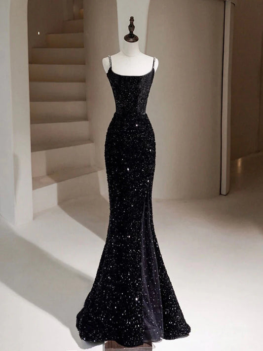 Robe de bal longue noire simple en velours à paillettes, robe de soirée longue noire ED076
