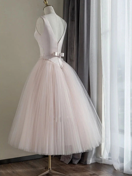 Schlichtes kurzes Ballkleid aus Satin mit Rundhalsausschnitt, rosa Brautjungfernkleid aus Tüll ED0760