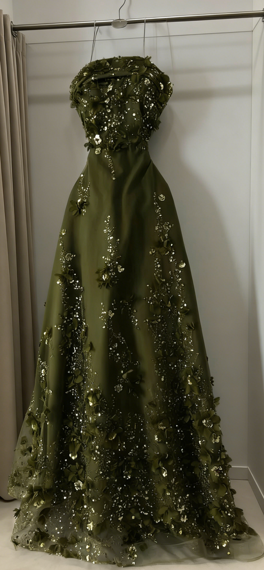 Olive Green Prom Dress A-Line Strapless Long Evening Dress Tulle Applique Formal Dress ED07600