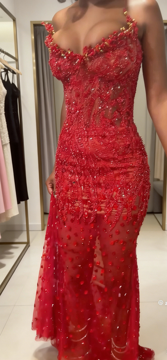 Red Prom Dress Sheath Sweetheart Tulle Long Evening Dress Beaded Formal Dress ED07601