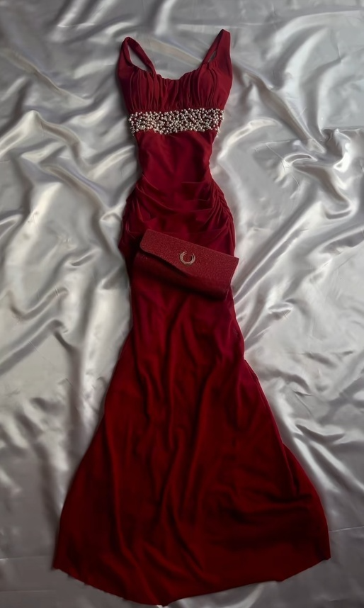 Red Prom Dress Sheath Straps Chiffon Long Evening Dress Beaded Formal Dress ED07603