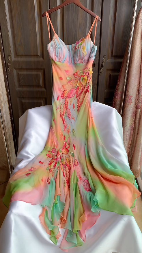 Pink Sheath Long Prom Dress Spaghetti Straps Beaded Evening Dress Chiffon Formal Dress ED07606