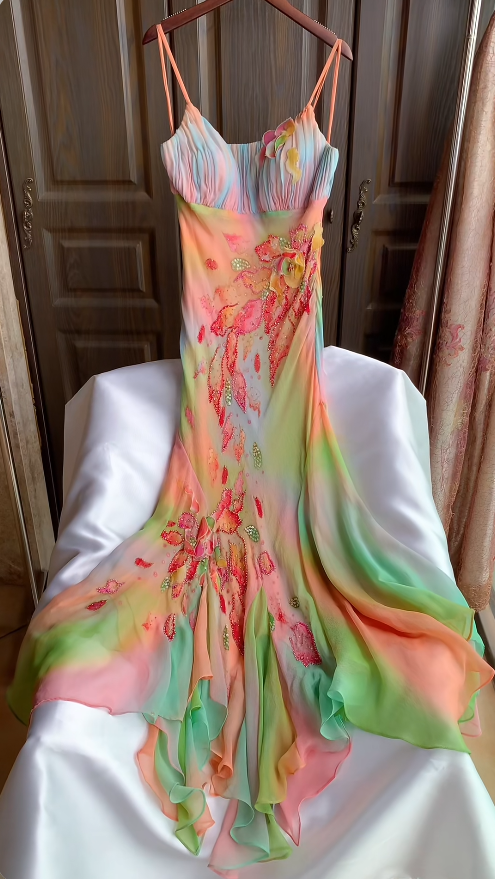 Pink Sheath Long Prom Dress Spaghetti Straps Beaded Evening Dress Chiffon Formal Dress ED07606