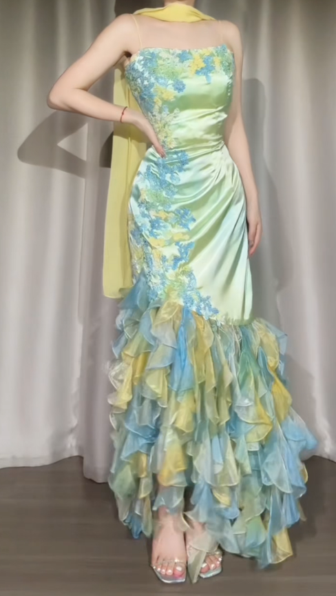 Green Sheath Long Prom Dress Spaghetti Straps Beaded Evening Dress Chiffon Formal Dress ED07607