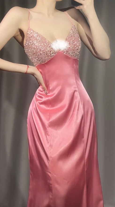 Chic Sheath Pink Prom Dress Spaghetti Straps Beaded Satin Long Evening Dress  ED07608