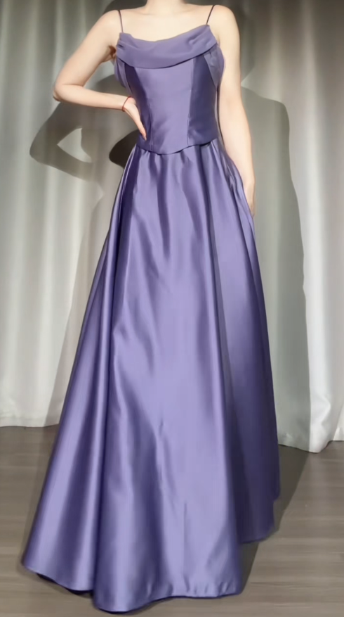 Sheath Long Purple Prom Dress Spaghetti Straps Evening Dress Satin Formal Dress ED07608