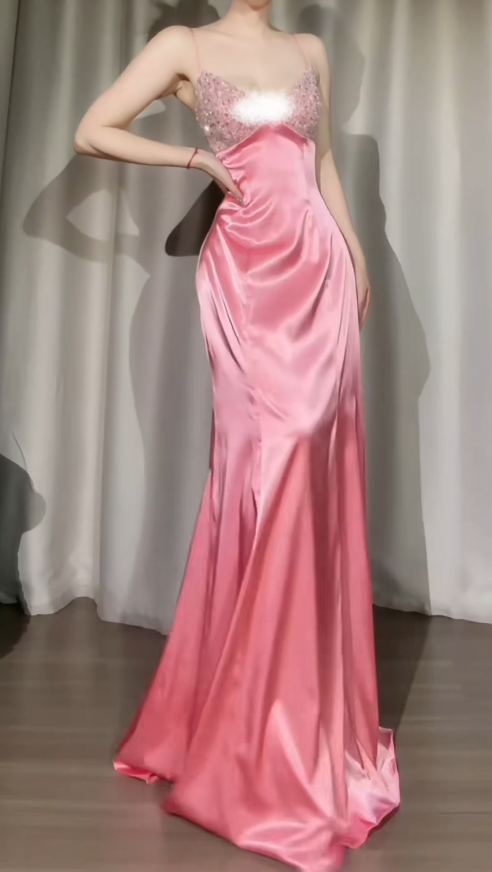 Chic Sheath Pink Prom Dress Spaghetti Straps Beaded Satin Long Evening Dress  ED07608