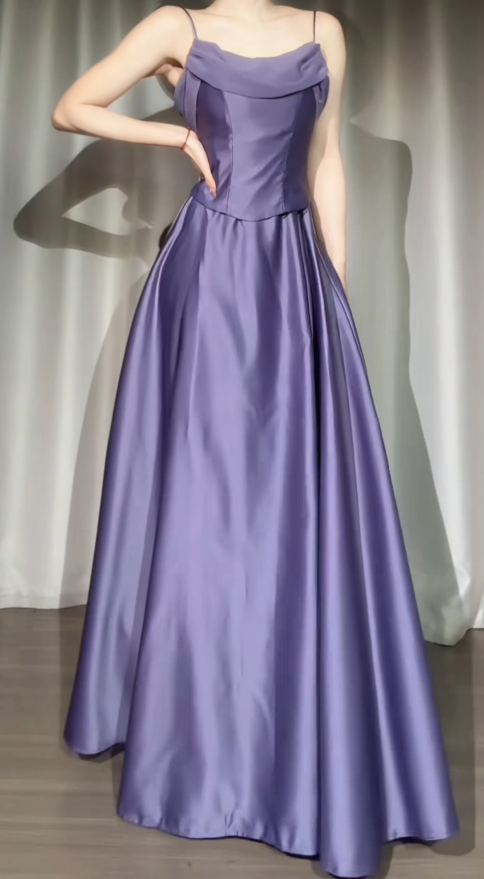 Sheath Long Purple Prom Dress Spaghetti Straps Evening Dress Satin Formal Dress ED07608