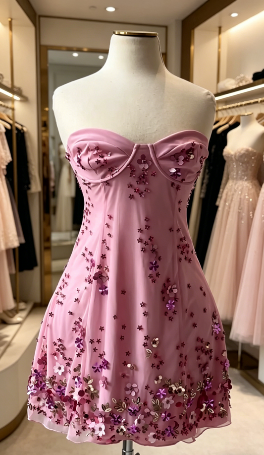 Pink Cocktail Dress Sweetheart A-Line Chiffon Party Dress Applique Short Prom Dress ED07609