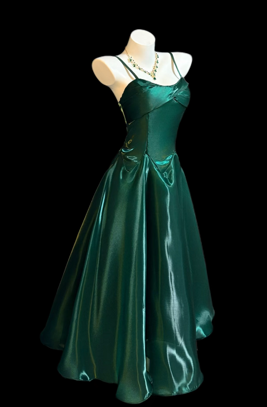 Dark Green Prom Dress Spaghetti Straps Sheath Long Evening Dress Satin Formal Dress ED07609