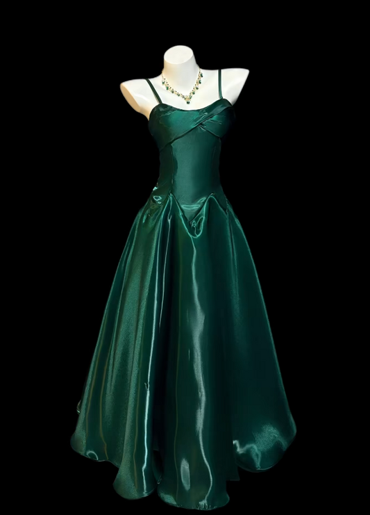 Dark Green Prom Dress Spaghetti Straps Sheath Long Evening Dress Satin Formal Dress ED07609