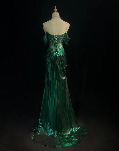 Chic Sheath Green Prom Dress Off-shoulder Satin Appliques Long Evening Dress ED07610
