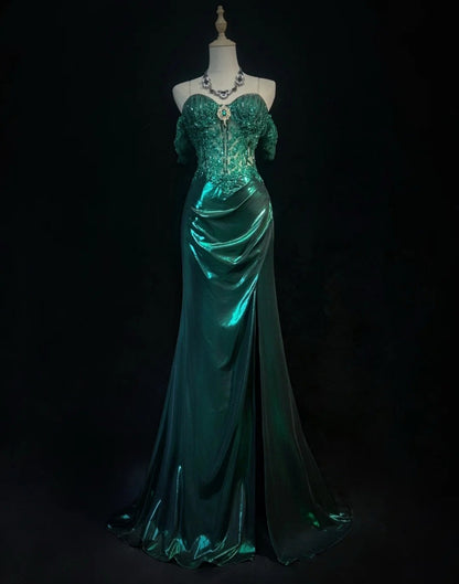 Chic Sheath Green Prom Dress Off-shoulder Satin Appliques Long Evening Dress ED07610