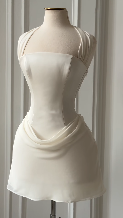 White Cocktail Dress Halter Sheath Chiffon Party Dress Satin Short Prom Dress ED07610