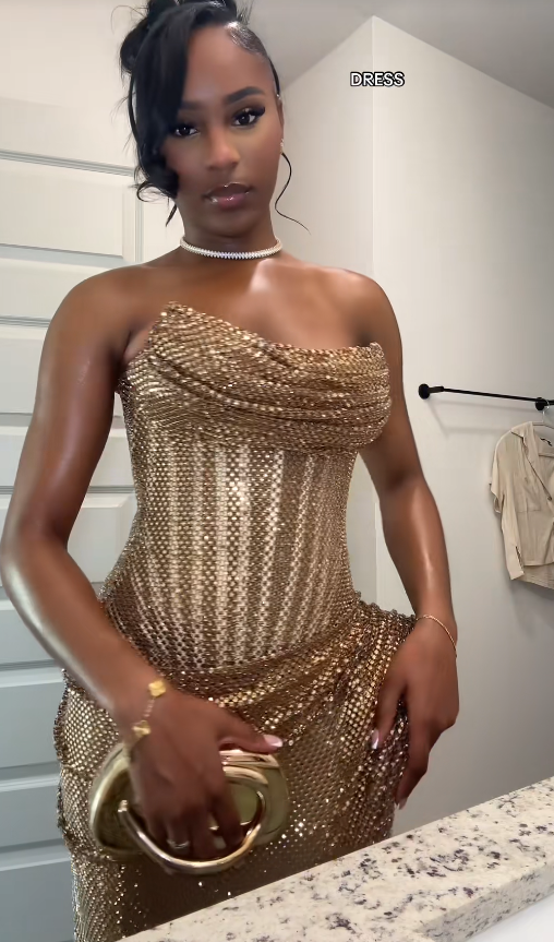 Gold Prom Dress Strapless Sheath Tulle Rhinstones Long Evening Dress ED07611