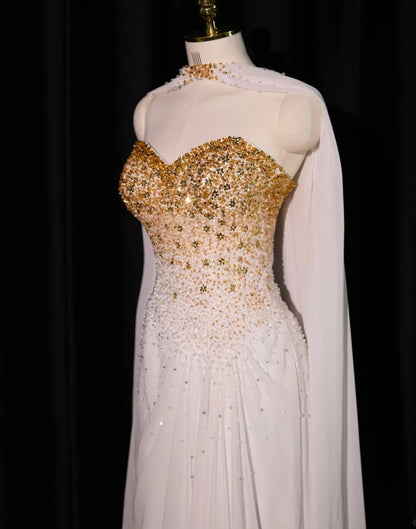 Robe de bal chic fourreau blanche, bustier cœur, mousseline perlée, robe de soirée longue ED07612