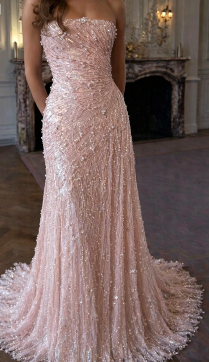 Pink Prom Dress Strapless Sheath Tulle Beaded Long Evening Dress ED07612