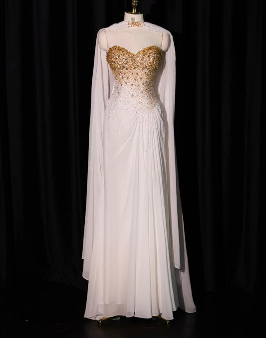 Elegantes Etui-Abendkleid, Weiß, Sweetheart, Chiffon, Perlen, Lang, Ballkleid ED07612