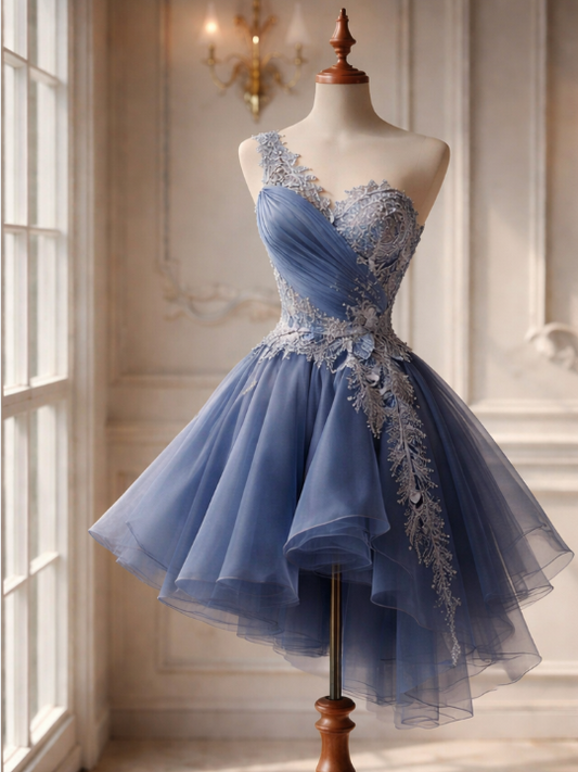 Blue Short Prom Dress One-shoulder A-Line Tulle Cocktail Dress Sleeveless Short Semi-Formal Dress ED07614