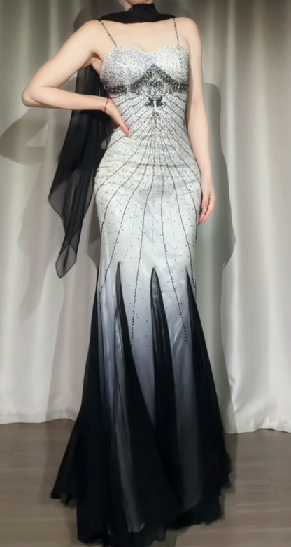 Chic Mermaid Gradient Black Prom Dress Spaghetti Straps Chiffon Beaded Long Evening Dress ED07614