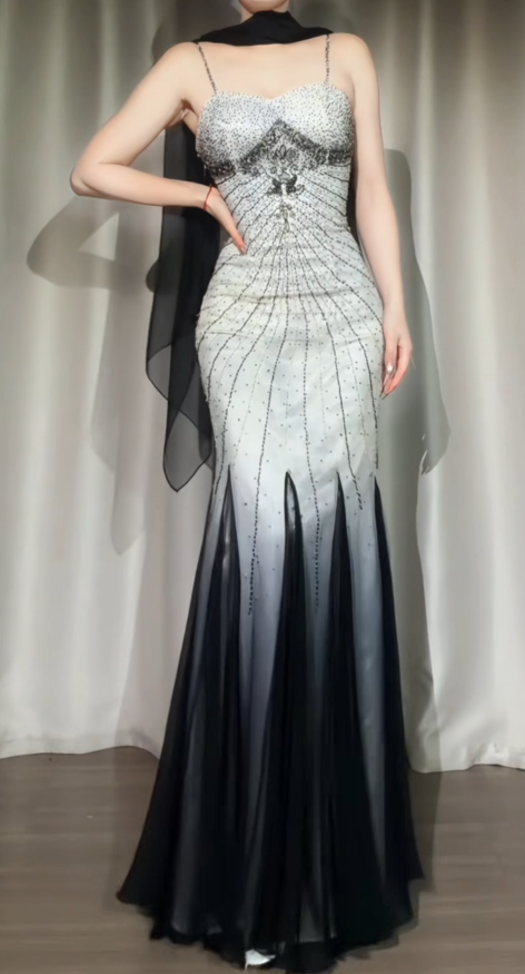 Chic Mermaid Gradient Black Prom Dress Spaghetti Straps Chiffon Beaded Long Evening Dress ED07614