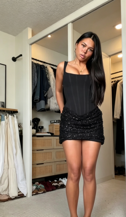 Black Short Prom Dress Spaghetti Straps Sheath Satin Sequins Cocktail Dress Sleeveless Short Semi-Formal Dress ED07615