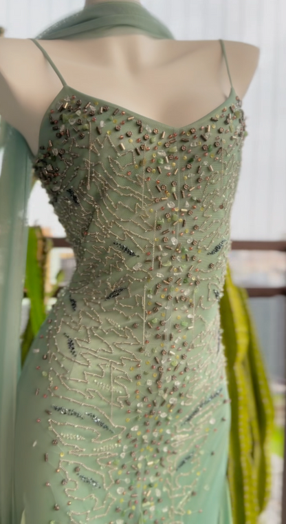 Vintage Sheath Green Prom Dress Spaghetti Straps Beaded Chiffon Long Evening Dress ED07618
