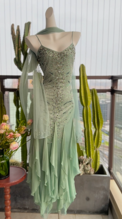 Vintage Sheath Green Prom Dress Spaghetti Straps Beaded Chiffon Long Evening Dress ED07618