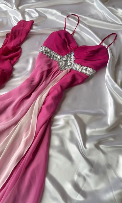 Robe de bal fourreau rose vintage avec écharpe, bretelles spaghetti, longue robe de soirée en mousseline ED07619