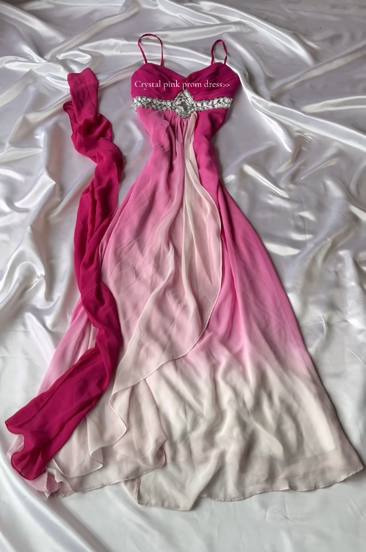 Vintage Etuikleid Pinkes Ballkleid mit Schal Spaghettiträgern Chiffon Langes Abendkleid ED07619