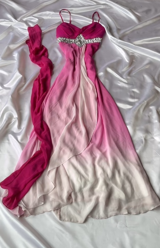 Vintage Etuikleid Pinkes Ballkleid mit Schal Spaghettiträgern Chiffon Langes Abendkleid ED07619