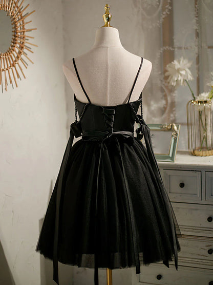 Schwarzes A-Linien-Tüll-Kurzballkleid, schwarzes Homecoming-Kleid ED0762