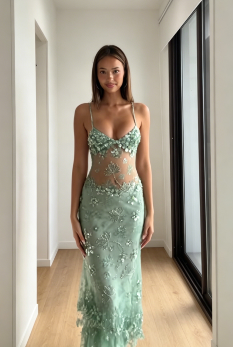 Gorgeous Sequins Sheath Green Prom Dress Spaghetti Straps Tulle Beaded  Long Evening Dress ED07620