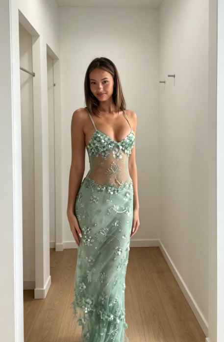 Gorgeous Sequins Sheath Green Prom Dress Spaghetti Straps Tulle Beaded  Long Evening Dress ED07620