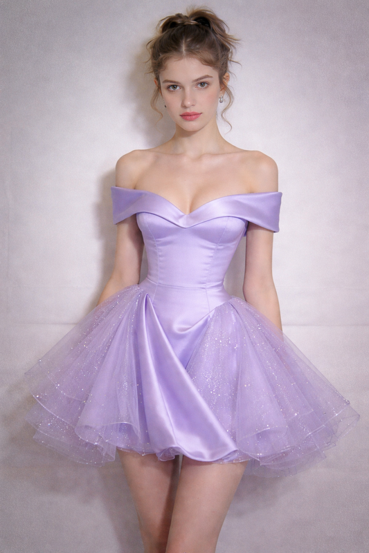 Classy Purple Cocktail Dress A-Line Off-shoulder Party Dress Satin Short Prom Dress ED07621