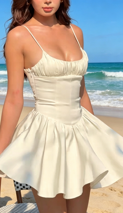 Classy White Cocktail Dress A-Line Spaghetti Straps Party Dress Satin Beach Outfit ED07623