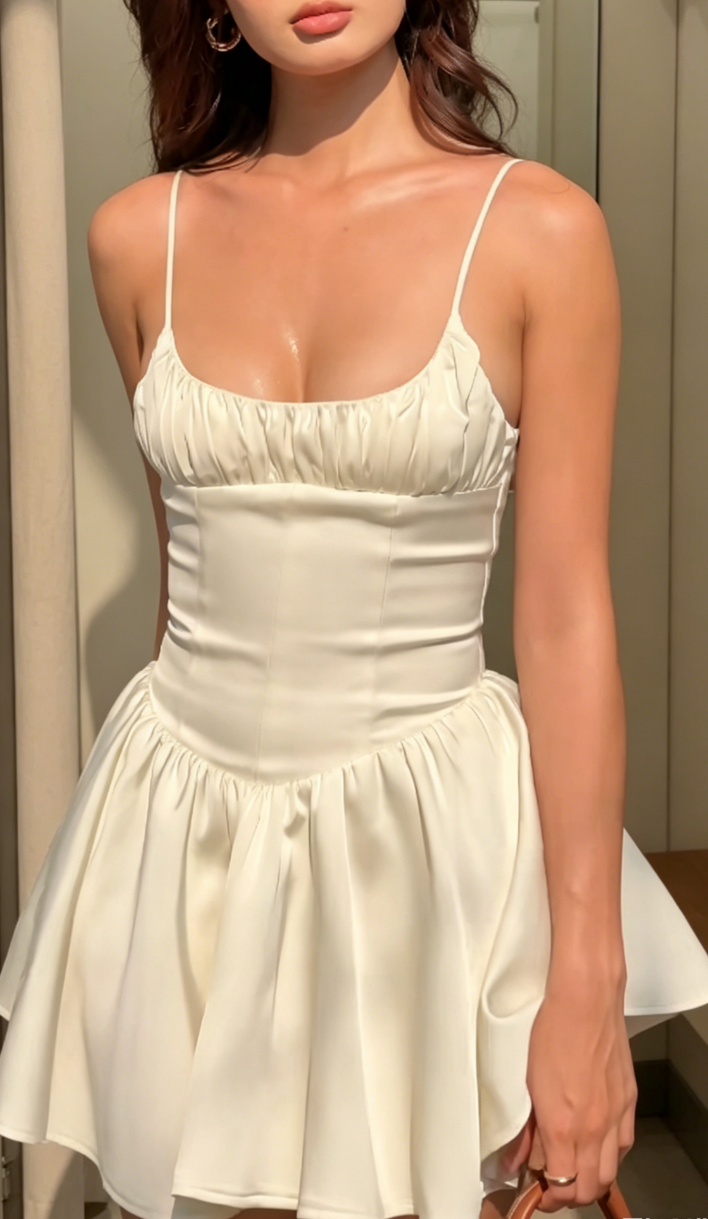 Classy White Cocktail Dress A-Line Spaghetti Straps Party Dress Satin Beach Outfit ED07623