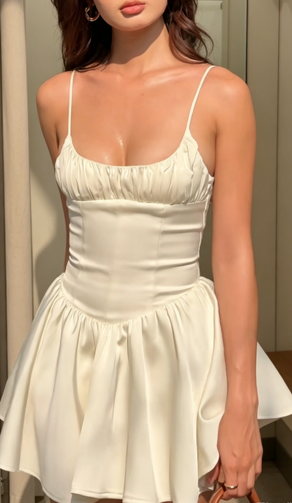 Classy White Cocktail Dress A-Line Spaghetti Straps Party Dress Satin Beach Outfit ED07623