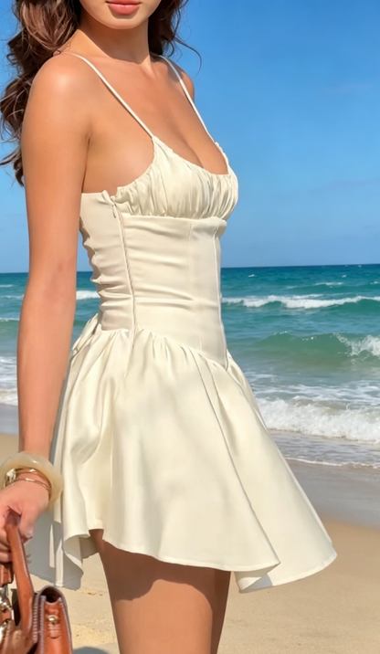 Classy White Cocktail Dress A-Line Spaghetti Straps Party Dress Satin Beach Outfit ED07623