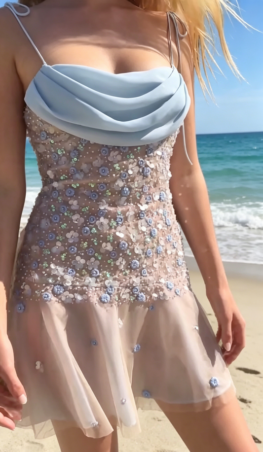 Chic Blue Cocktail Dress Sheath Sequins Spaghetti Straps Party Dress Chiffon Beach Outfit ED07624