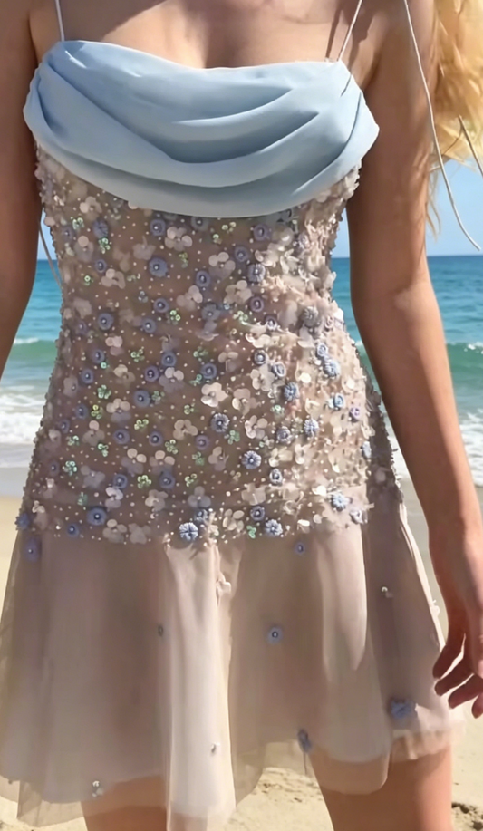 Chic Blue Cocktail Dress Sheath Sequins Spaghetti Straps Party Dress Chiffon Beach Outfit ED07624