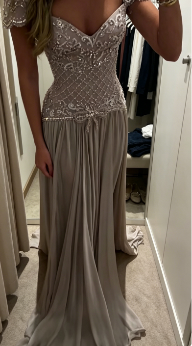 Dusty Pink Prom Dress V-neck Sheath Tulle Beaded Long Evening Dress ED07626