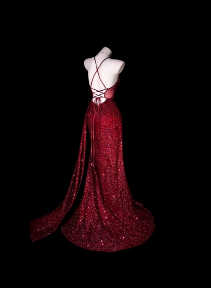 Robe de Bal Rouge Bretelles Fines Fourreau Tulle Paillettes Longue Robe de Soirée ED07628